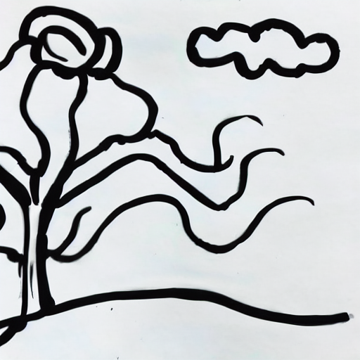 AI image generated of A drawing of a tree with a sun and clouds in the background.