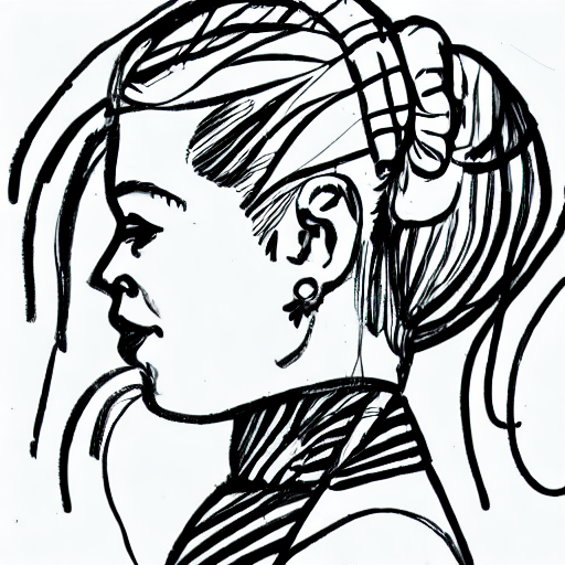 AI image generated of A black and white drawing of a woman with a ponytail.