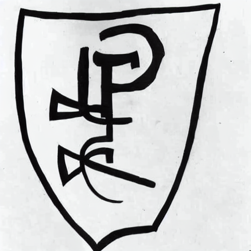 AI image generated of A black and white drawing of a shield with a letter F on it.