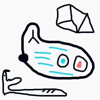 An%20abstract%20blob-like%20creature%20with%20blue%20stripes%20and%20two%20mismatched%20eyes%20sits%20beside%20a%20faceted%20rock%20and%20a%20long%20curved%20shape.