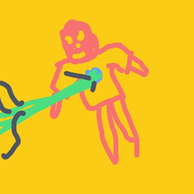 A%20pink%20stick%E2%80%91figure%20person%20stands%20on%20a%20bright%20yellow%20background%2C%20firing%20a%20green%20beam%20from%20a%20device%20toward%20a%20dark%2C%20squiggly%20black%20figure%20on%20the%20left.