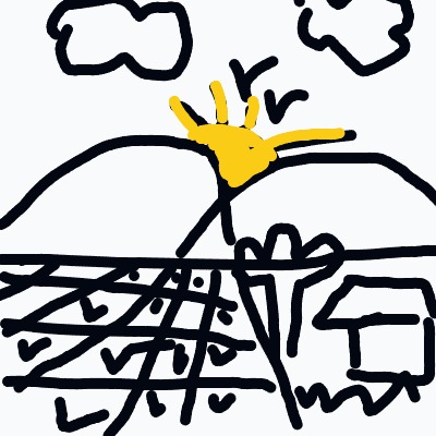 A%20cheerful%20landscape%20with%20a%20sun%20rising%20between%20two%20hills%2C%20a%20field%20of%20parallel%20rows%2C%20and%20a%20small%20house%20on%20the%20right%20under%20a%20couple%20of%20clouds.